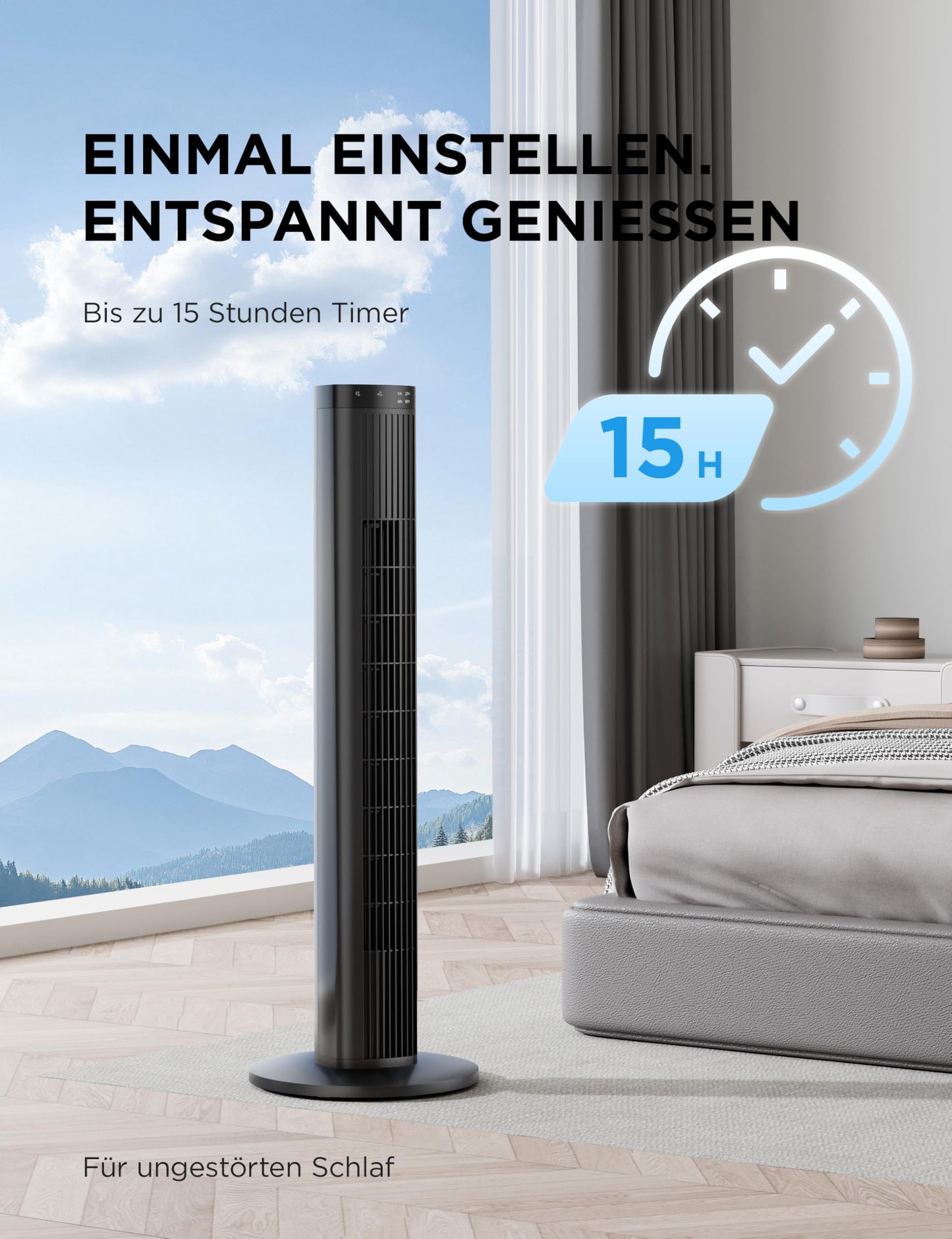 Midea tower fan with remote control FZ10-26MR(BL), 97 cm, 33 dB quiet, 90° oscillation, 15H timer, LED display, 4 speeds & 4 modes, for bedroom & office, black
