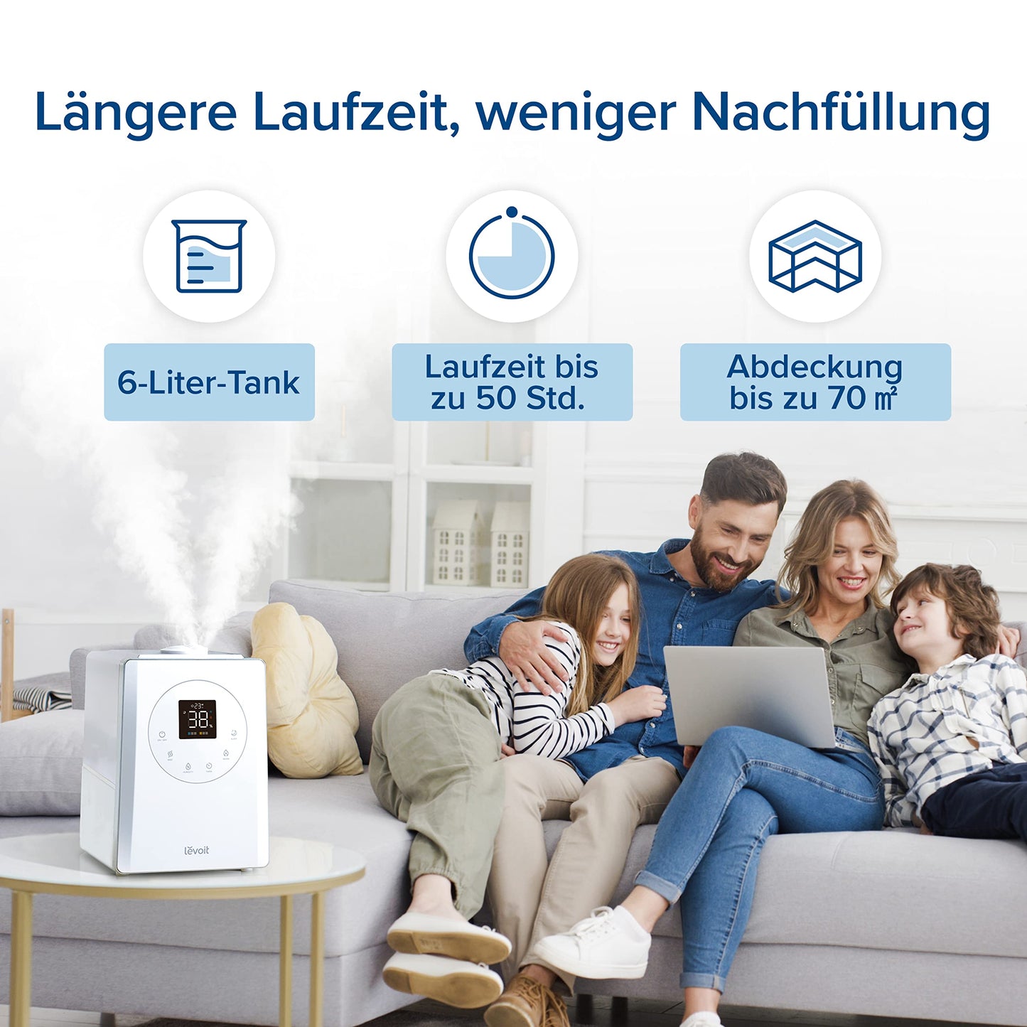Levoit Smart humidifier for large rooms, top-fill humidifier, warm & cold mist max 550 ml/h, up to 40-70m², quiet room humidifier for children's rooms, plants, auto shut-off, 6 L, white - LUH-A603S-WUK