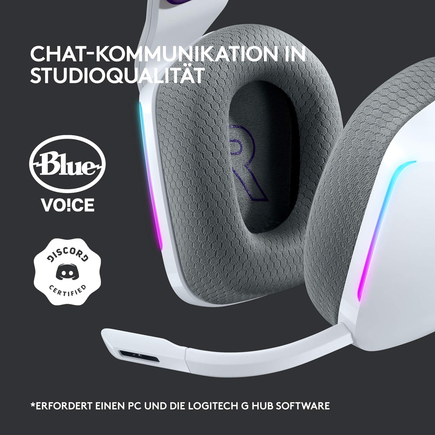 Logitech G733 LIGHTSPEED wireless gaming headset with headband, LIGHTSYNC RGB, Blue VO!CE microphone technology, PRO G speakers, ultralight, 29-hour battery life, 20m range - white - 981-000883