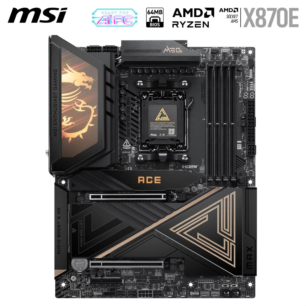 MSI MEG X870E ACE MAX Placă de bază, ATX - Suportă procesoare AMD Ryzen 9000/8000 / 7000, AM5-64MB BIOS ROM, 110A SPS VRM, memorie DDR5 (până la 9000+ MT/s OC), M.2 & PCIe 5.0, USB4, Wi-Fi 7 - 7E85-001R