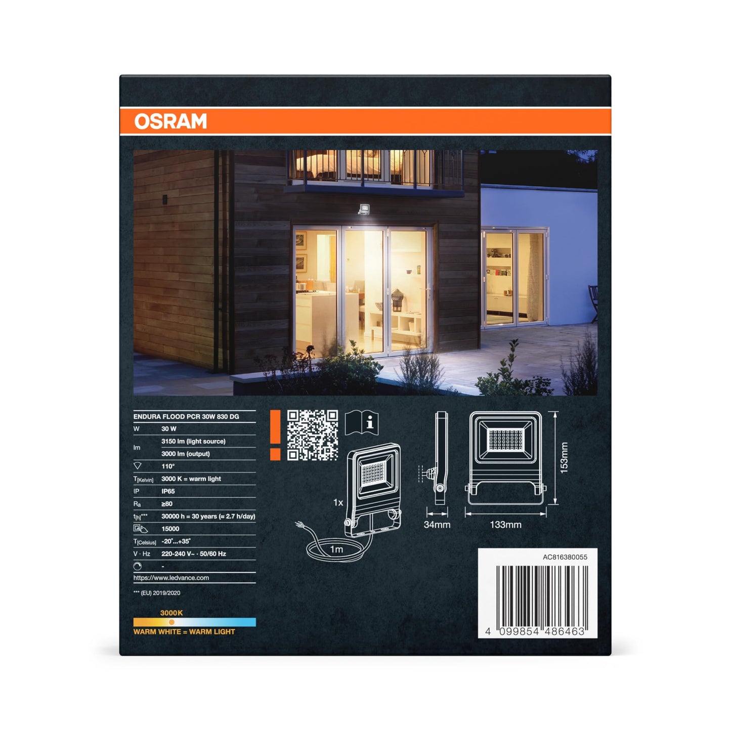Osram ENDURA FLOOD PC 30W LED floodlight, 3000K warm white, 3000 lumens, IP65 floodlight environmentally friendly, 110° light angle, 100 lm/W, gray (pack of 2) - 4099854486463