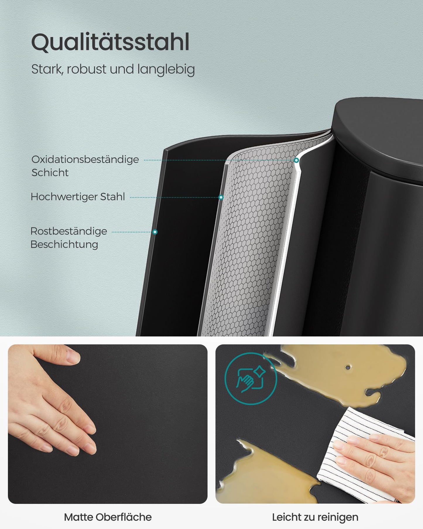 SONGMICS kitchen rubbish bin, 50 liters, waste bin, pedal bin, with lid, soft close, foot pedal, steel, inner bin, black LTB050B02