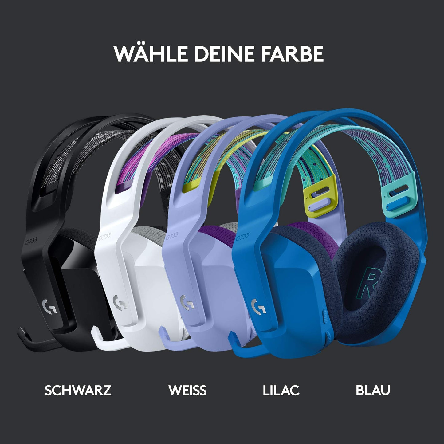 Logitech G733 LIGHTSPEED wireless gaming headset with headband, LIGHTSYNC RGB, Blue VO!CE microphone technology, PRO G speakers, ultralight, 29-hour battery life, 20m range - white - 981-000883