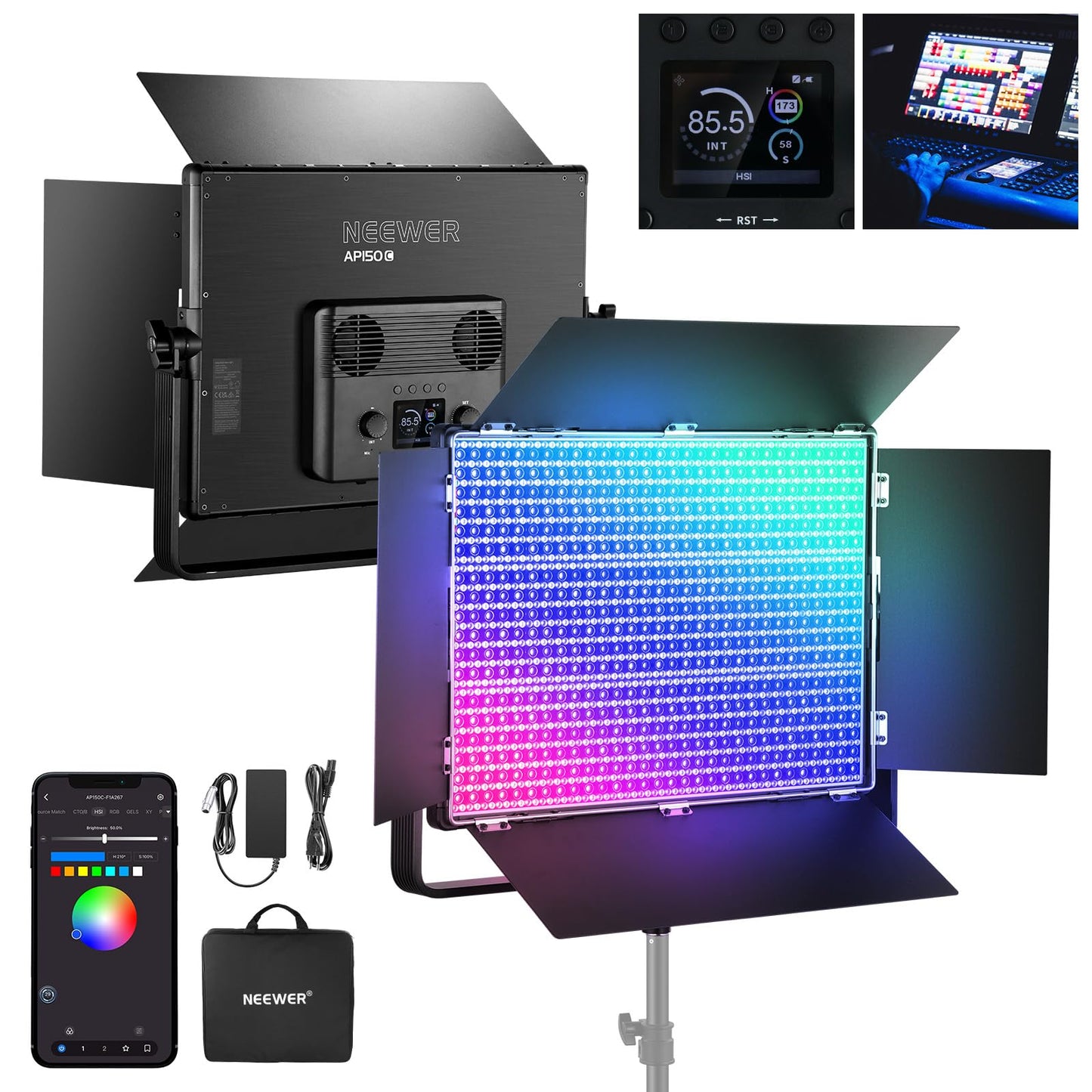 NEEWER 150W RGB LED panel video light set with barn doors, 1800 LED, 42500Lux at 0.5m, 2500-10000K, CRI96+/TLCI97+, 0.0%-100% dimming, APP/2.4G/Panel/DMX control for professional studio lighting, AP150C - 10104923