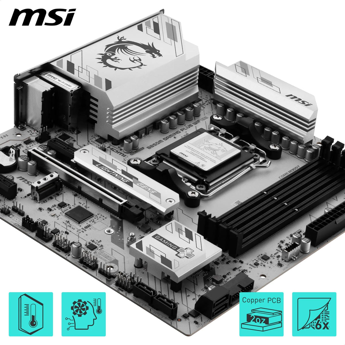 MSI B850M Gaming Plus WIFI6E Motherboard, mATX - Supports AMD Ryzen 9000/8000 / 7000 processors, AM5 - DDR5 Memory Boost 8200+ MT/s (OC), PCIe 4.0 x16, M.2 Gen5, Wi-Fi 6E, 2.5G LAN - 7E81-001R