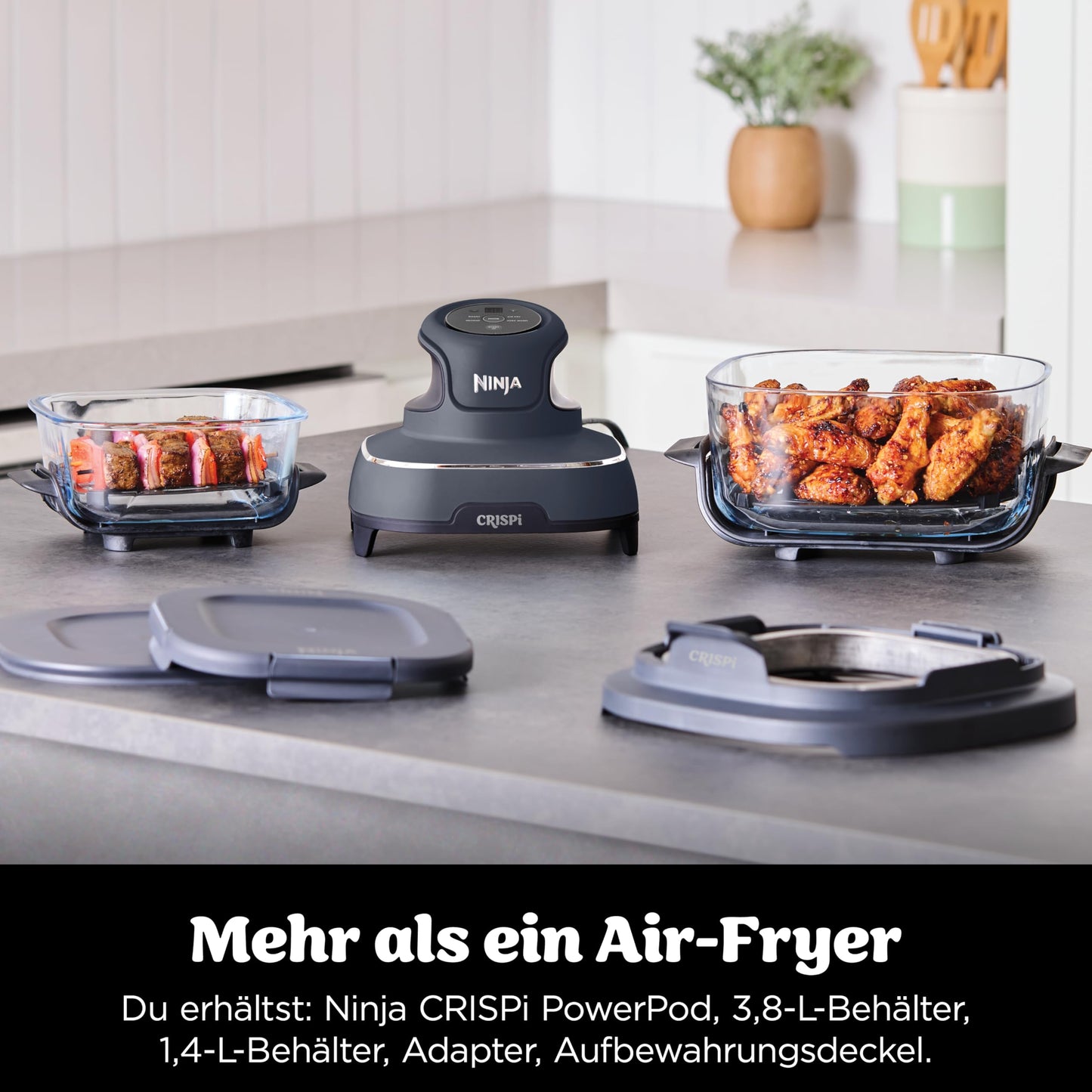 Ninja CRISPi Portable Air Fryer Hot Air Fryer, 3.8L, 4-in-1: Air Frying, Roasting, Keeping Warm, Recrisp, Compact, 6 Servings, 2 Removable Glass Containers & Lids, 1700W, Gray FN101EUGY