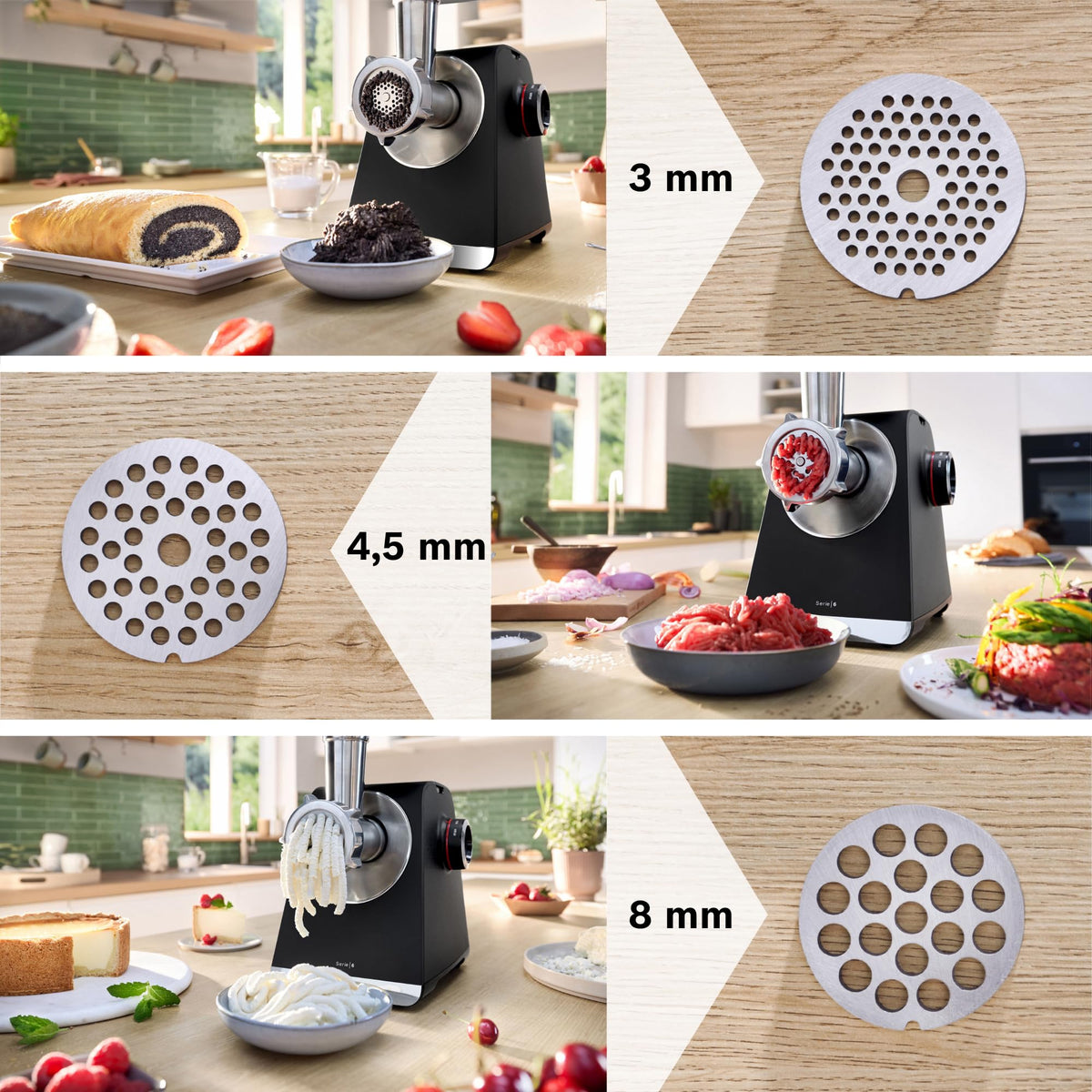 Bosch MultiPower Serie 6 Fleischwolf MFWS682B, accesorii pentru răzătoare, kebbe și cârnați, storcător, accesoriu pentru prăjituri, storcător de citrice, râșniță, 3 discuri cu găuri (3, 4,5 și 8 mm), puterea motorului 2.100 W, Negru