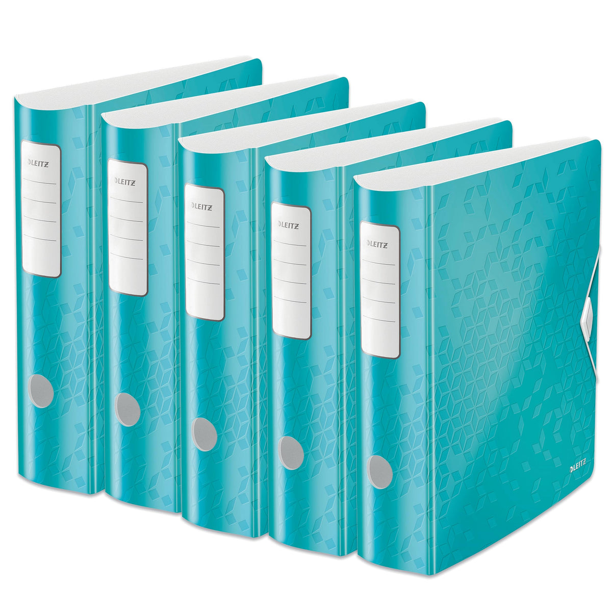 Leitz quality folder 180° Active WOW, pack of 5, A4, wide, rounded spine, 8.2 cm wide, elastic band closure, light polyfoam, plastic folder, WOW series, ice blue, 11060051