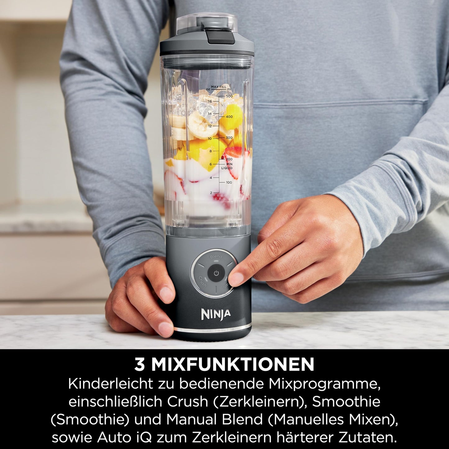 Ninja Blast Max Portable Blender/Smoothie Maker, 570ml, Rechargeable, Blending Cup & Leakproof Lid, 3 Functions, Smoothies, Protein Shakes, Cool Gray BC251EUGY