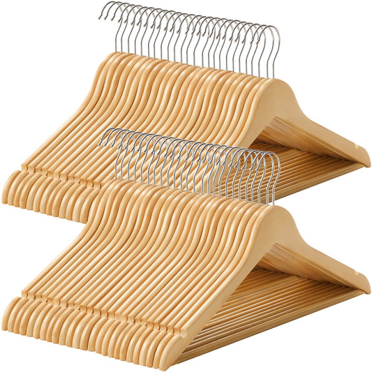 SONGMICS wooden clothes hangers, set of 50, hangers made of solid wood, notches in the shoulder area, non-slip trouser bar, 360° rotating hook, for suits, shirts, natural silver CRW001-50