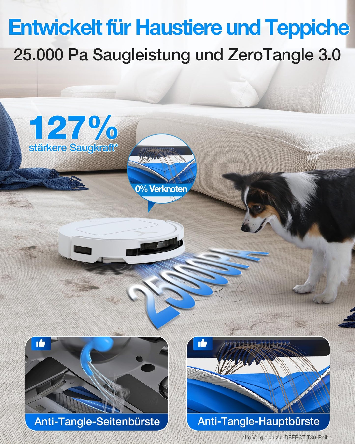 ECOVACS DEEBOT T50 Omni Gen3 robot vacuum cleaner with mopping function, 25,000 Pa, ZeroTangle 3.0, AIVI 3D 2.0, all-in-one omni station, cleaning the mop at 75 °C, ultra-flat 81 mm, matt white