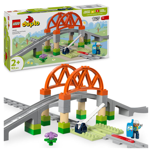 LEGO DUPLO railway bridge and rails - expansion set - educational toy for toddlers - including 8 track pieces, bridge, barrier & action stone - gift for boys and girls aged 2 and over - 10426