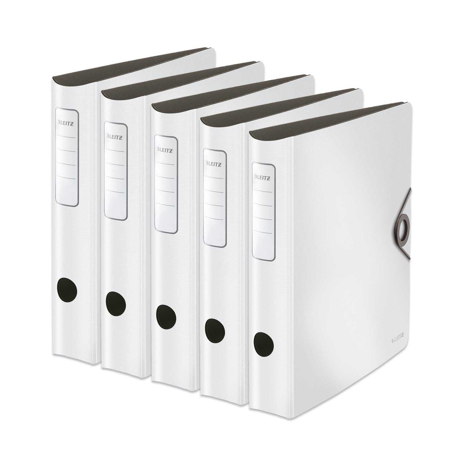 Leitz quality folder 180° Active Solid, pack of 5, A4, narrow, rounded spine, 6.5 cm wide, elastic band closure, light polyfoam, plastic folder, white, 10481001 - 10481001-5
