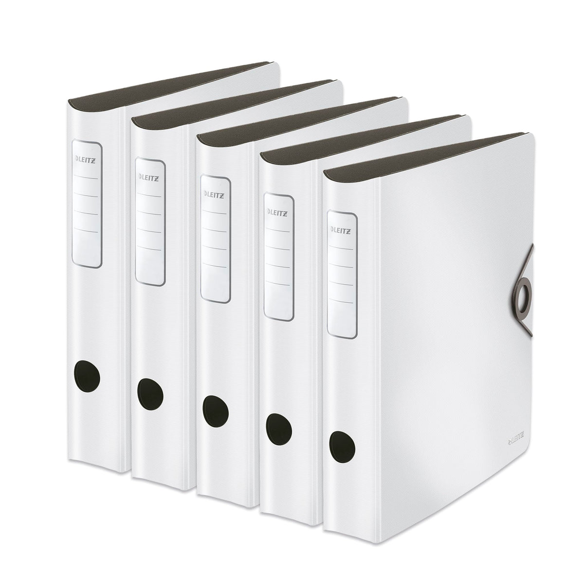 Leitz quality folder 180° Active Solid, pack of 5, A4, narrow, rounded spine, 6.5 cm wide, elastic band closure, light polyfoam, plastic folder, white, 10481001 - 10481001-5