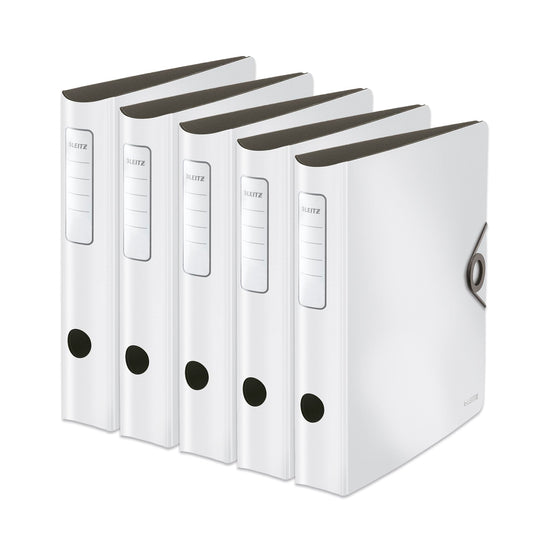 Leitz quality folder 180° Active Solid, pack of 5, A4, narrow, rounded spine, 6.5 cm wide, elastic band closure, light polyfoam, plastic folder, white, 10481001 - 10481001-5