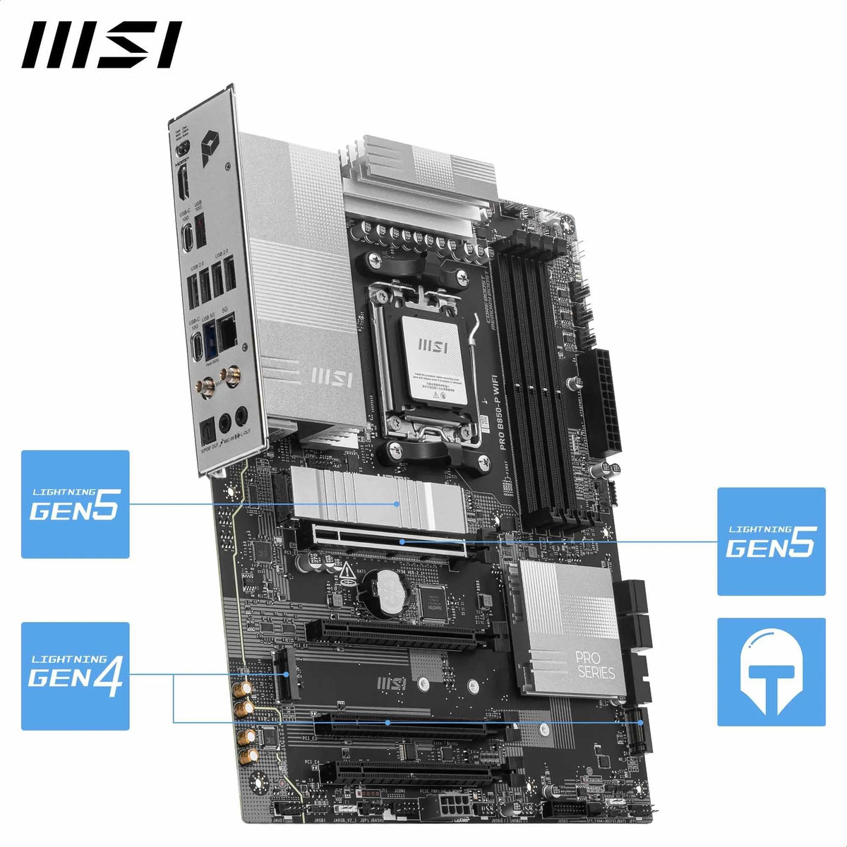MSI PRO B850-P WiFi Placă de bază, ATX - Suportă procesoare AMD Ryzen 9000/8000/7000, AM5 - Memorie DDR5 Boost (8200+ MT/s OC), PCIe 5.0 x16 și 4.0 x16, M.2 Gen5, Wi-Fi 7, 5G LAN - 7E56-002R