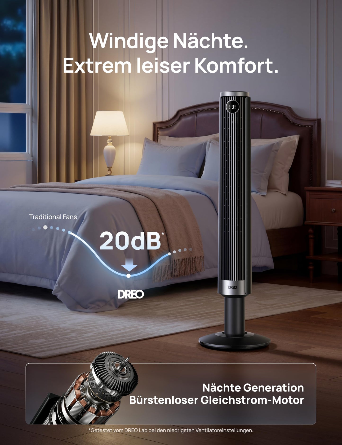 DREO Smart 102-114cm tower fan for bedroom, height adjustable, 8.4m/s, DC motor, 9 levels, 4 modes, 90° oscillation, pedestal fan, 20dB quiet, 12H timer for home and office, Google/Alexa - DR-HTF024S