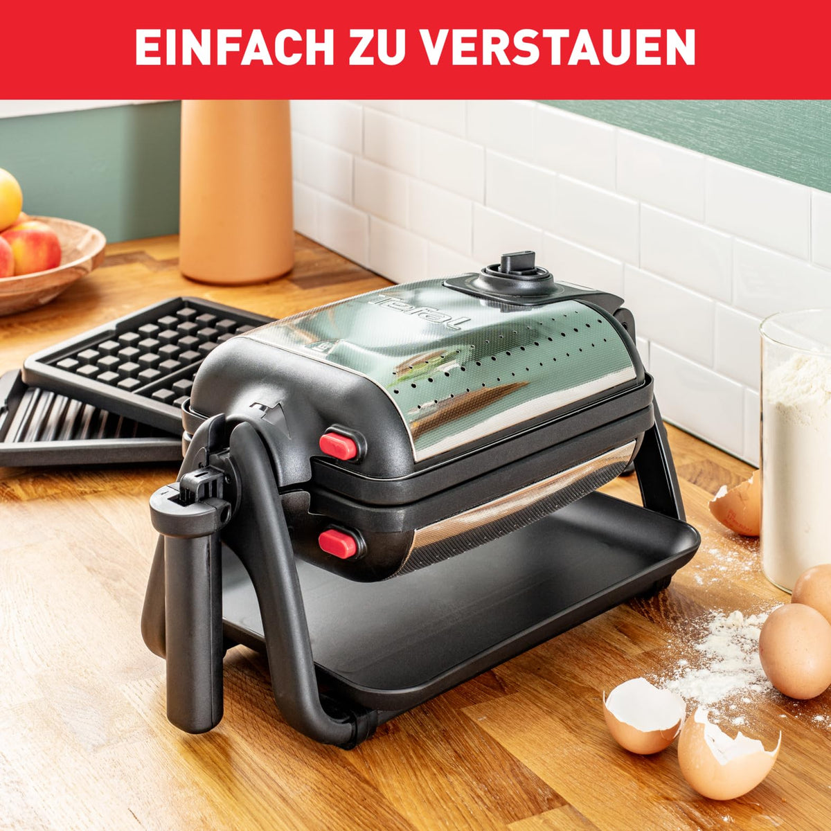 Tefal King Size Waffeleisen WM756D, aparat de făcut vafe dublu pentru 2 vafe belgiene, funcție de rotire, plăci cu strat antiaderent, vafe groase, regulator de temperatură, curățare ușoară, 120W, 1L [Clasa energetică A+]