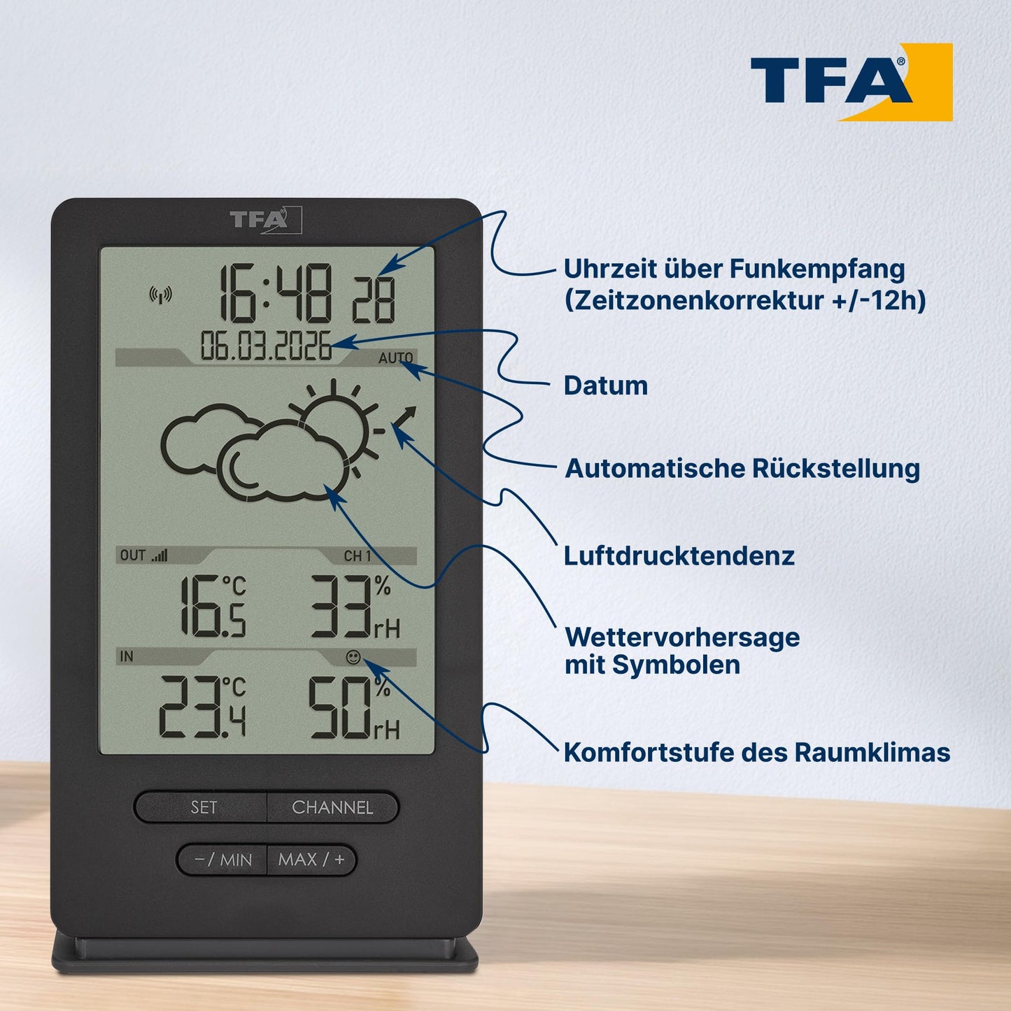 TFA Dostmann digital radio weather station with outdoor sensor, 35.1162.10, indoor and outdoor climate, with transmitter, weather forecast, including radio clock, temperature/humidity, Amazon exclusive, gray