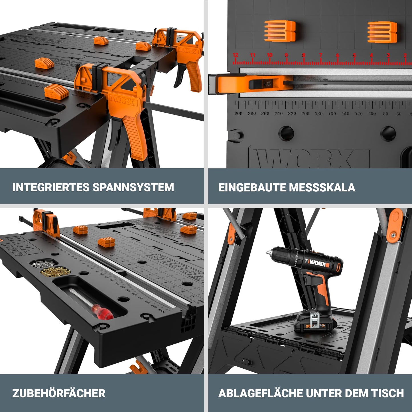 WORX PEGASUS WX051 mobile multifunctional workbench - high-quality foldable work table for the workshop, max. load 450kg - including quick clamping device - high stability & large work surface