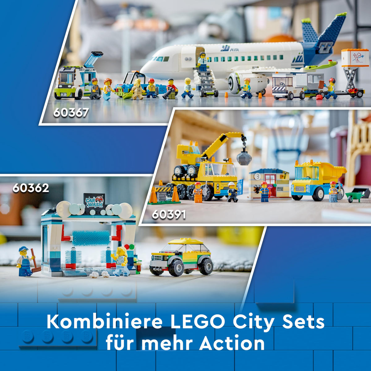 LEGO 60367 City Passenger Airplane Toy Set, large airplane model with airport ground crew vehicles: apron bus, pushback tug, catering loader, baggage cart, and 9 minifigures.