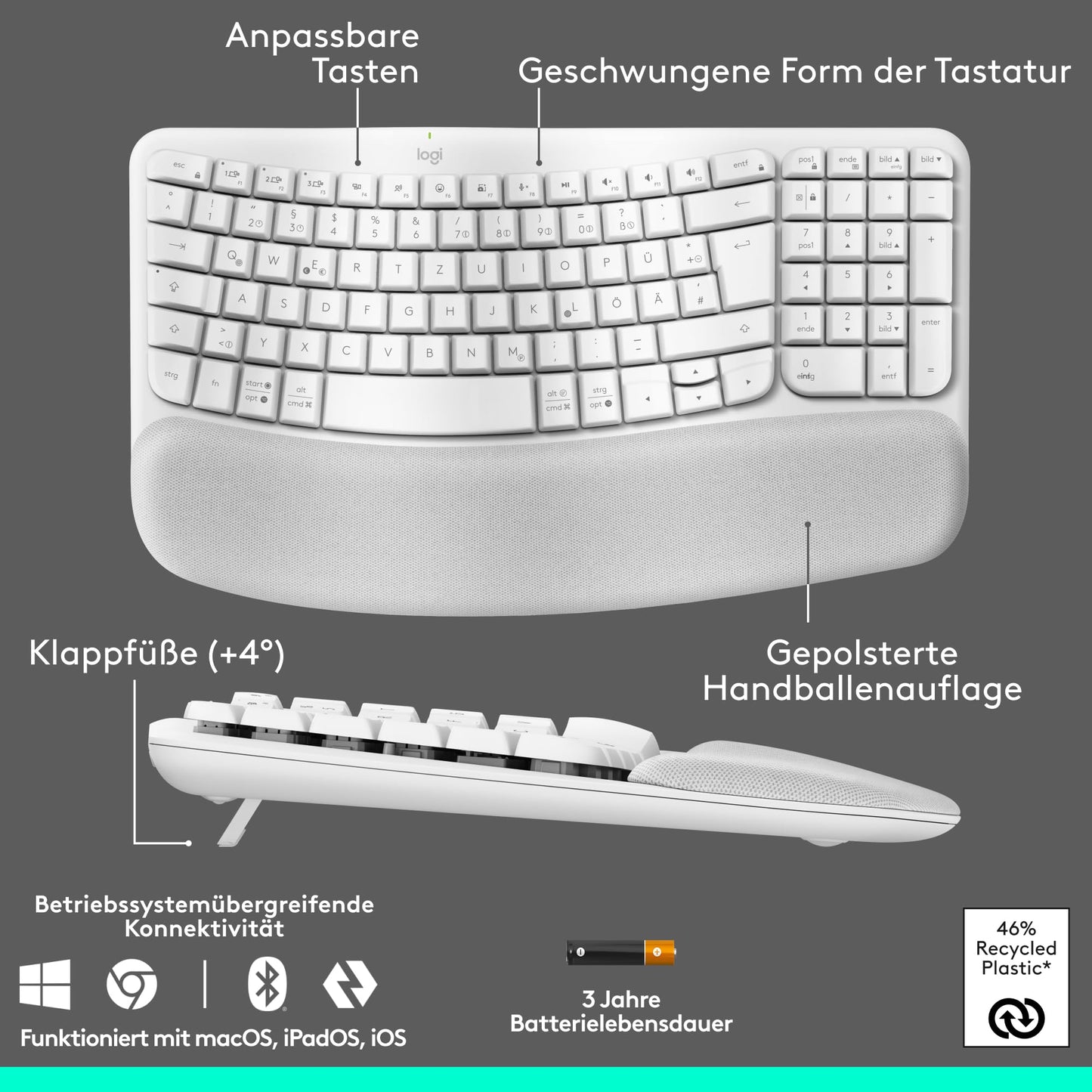 Logitech Wave Keys and Lift Vertical Mouse - Ergonomic Bundle - Wireless Keyboard with Padded Wrist Rest and Vertical Wireless Mouse - Bluetooth, Multi-OS, Windows/Mac - White - 910-006473