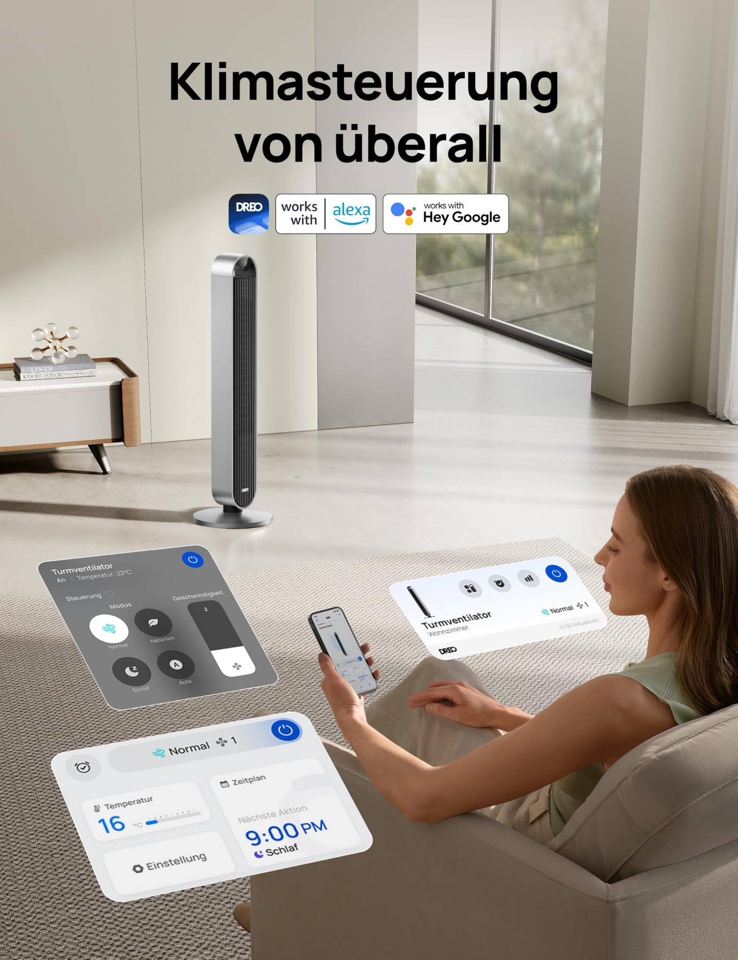 DREO Smart Tower Fan Very Quiet, 120° Oscillating Fan with Cooling, 25dB Stand Fan with Remote Control for Bedroom, 12 Speeds, 4 Modes, 12 Hour Timer, Pilot Max S - DR-HTF004S