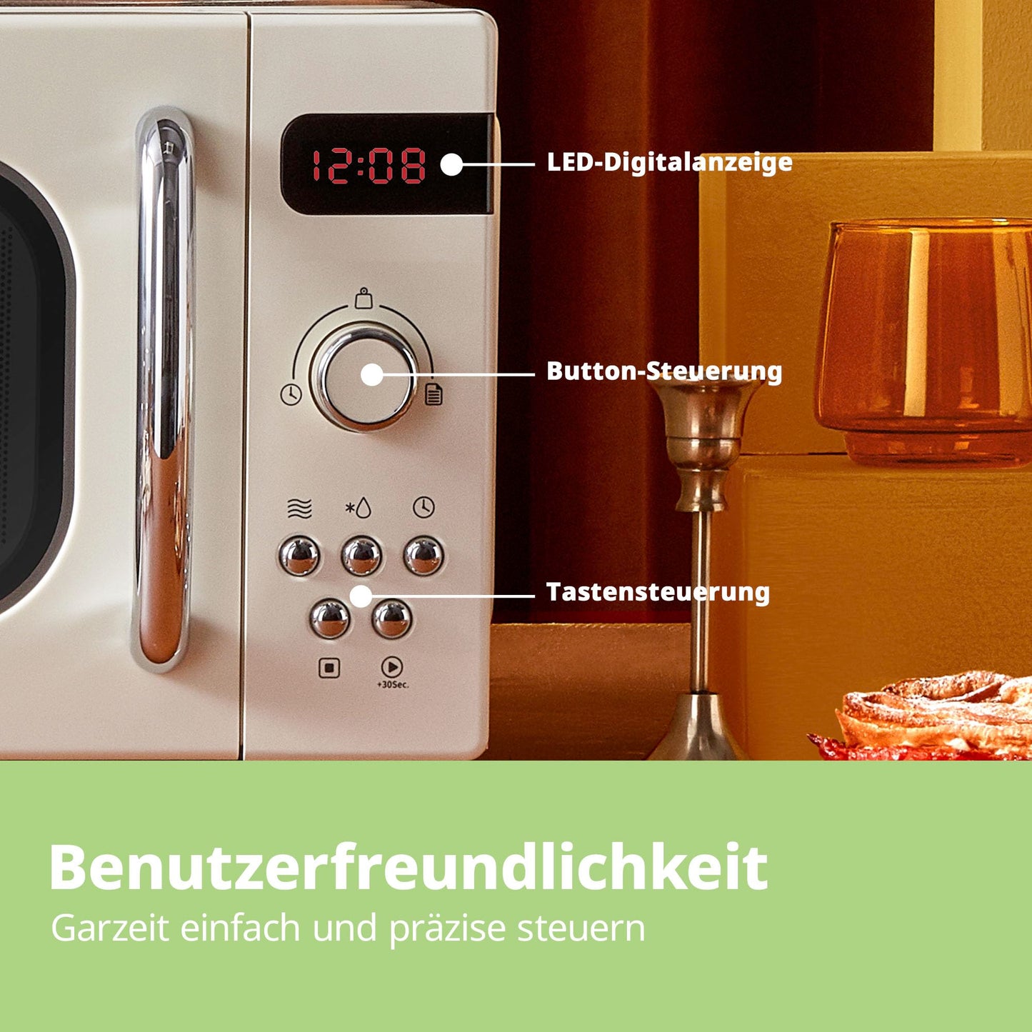 Comfee CMSRO 20 di cr retro style microwave / retro microwave oven with 8 auto menus, 5 cooking power levels, express cooking button, express cooking button, 20L, 800W, Apricot Cream