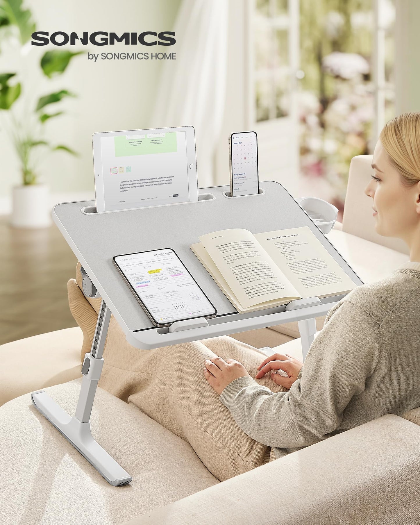 SONGMICS laptop table, bed table, laptop stand, 56 x 40 cm table top, 120° freely adjustable, height adjustable, with cup holder, drawer, portable, gray LLD113GZ01