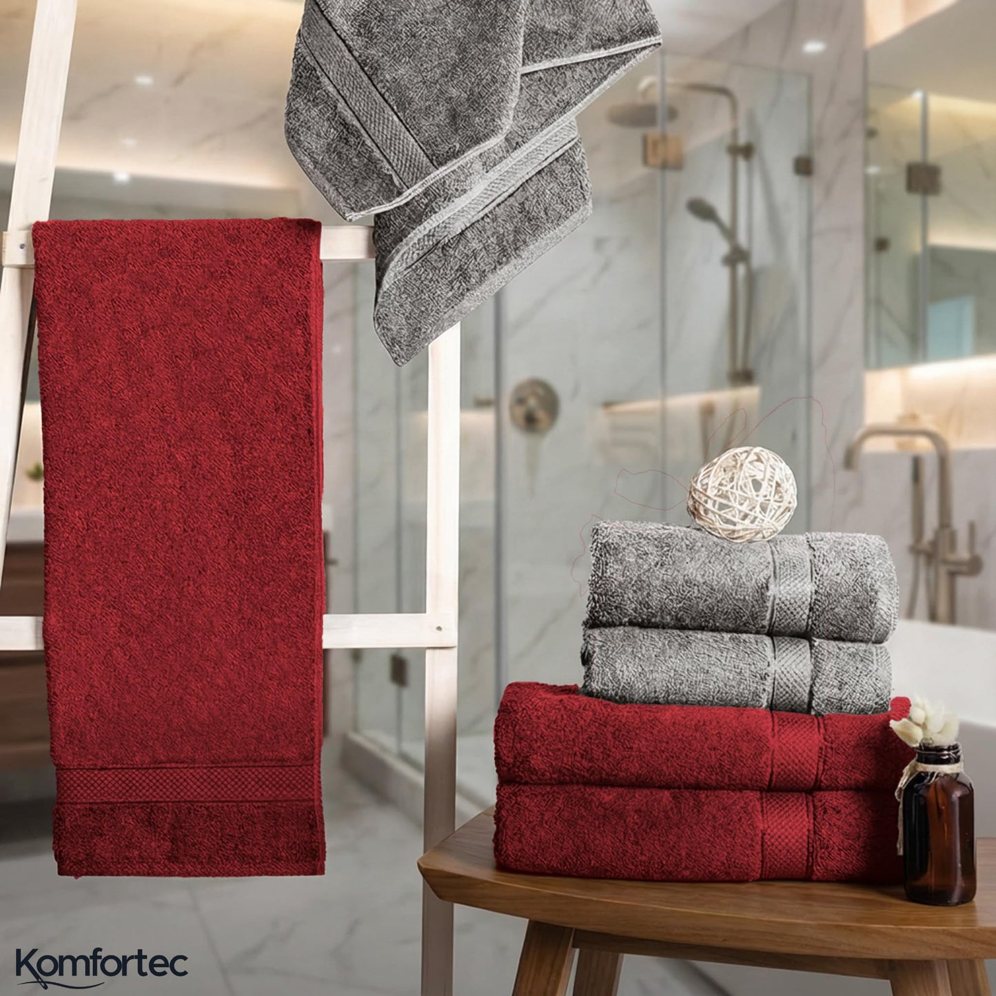 Komfortec set of 8 towels, 4 bath towels 70x140 cm & 4 hand towels 50x100 cm, 100% cotton terry cloth, fluffy and absorbent, anthracite gray/aurora red - 4er-50x100-und-4er-70x140-anth-arot