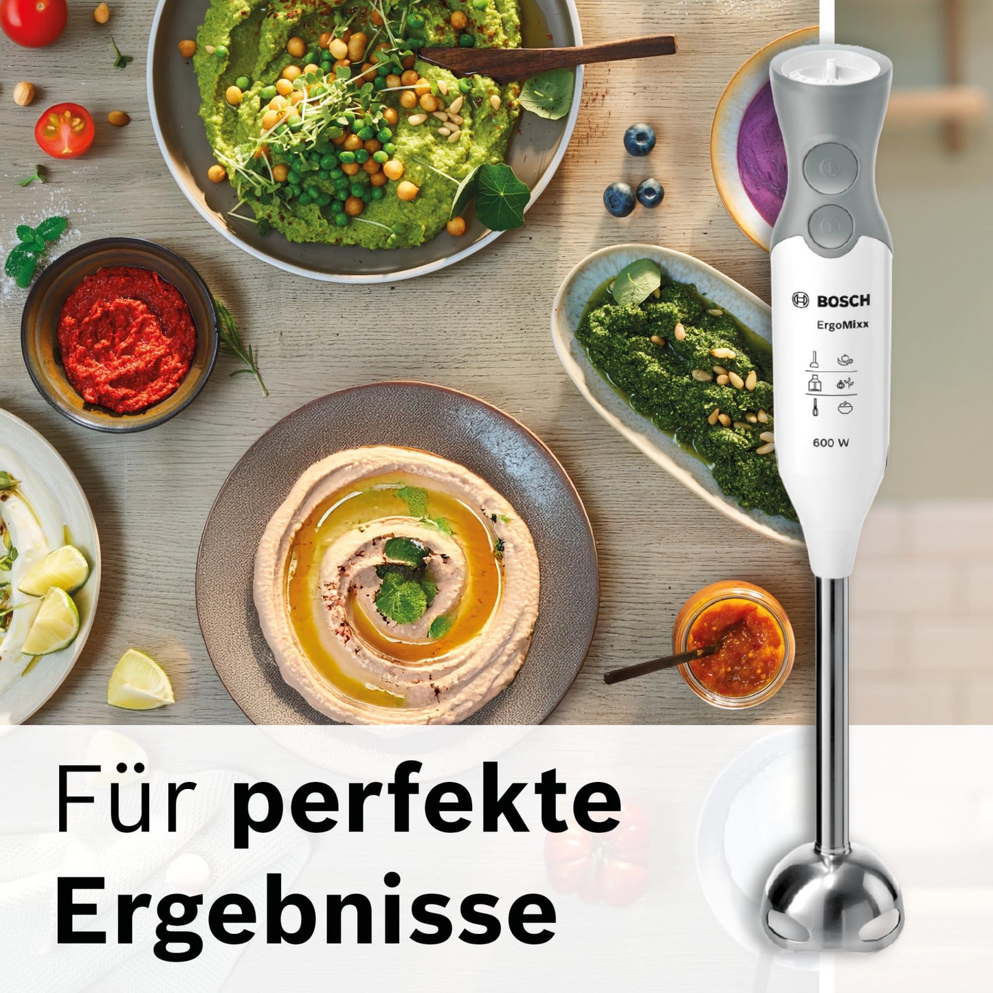 Bosch hand blender ErgoMixx, stainless steel mixing foot, mixing and measuring cup, 4-blade knife, chopper, ergonomic design, 12 levels plus turbo, 600 W, white/gray, MSM66120