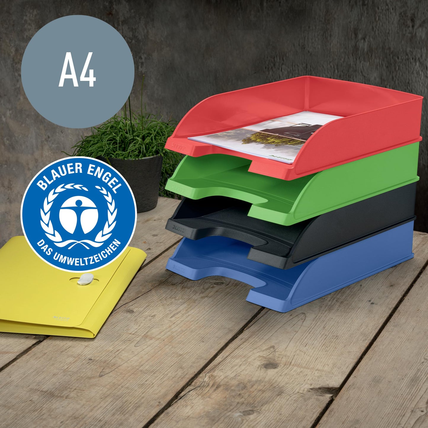 Leitz letter tray A4, pack of 5, stackable storage compartments, Blue Angel, recycling range, red, 52275020