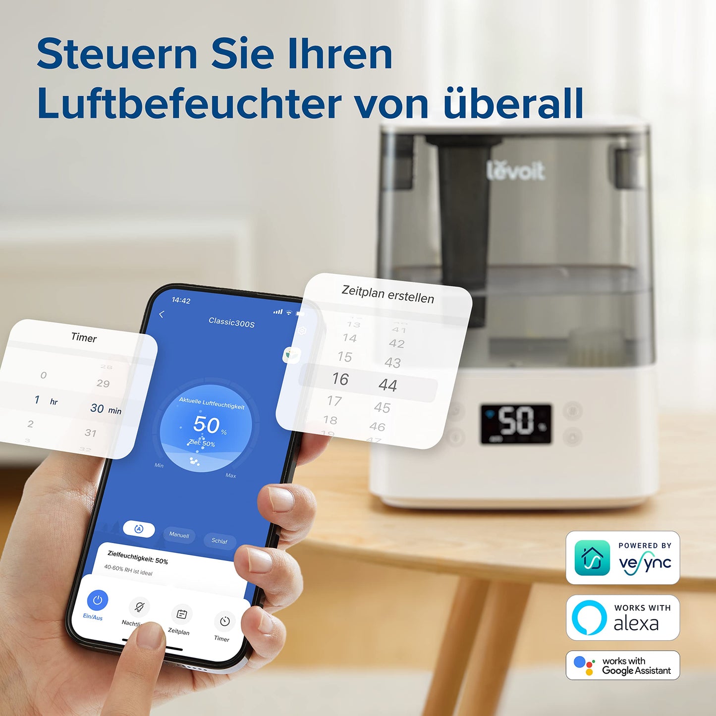 Levoit Smart humidifier for large rooms, top-fill humidifier, with APP & Alexa control, up to 47m², quiet room humidifier for bedrooms, children's rooms, plants, auto shut-off, 6 L, gray - Classic