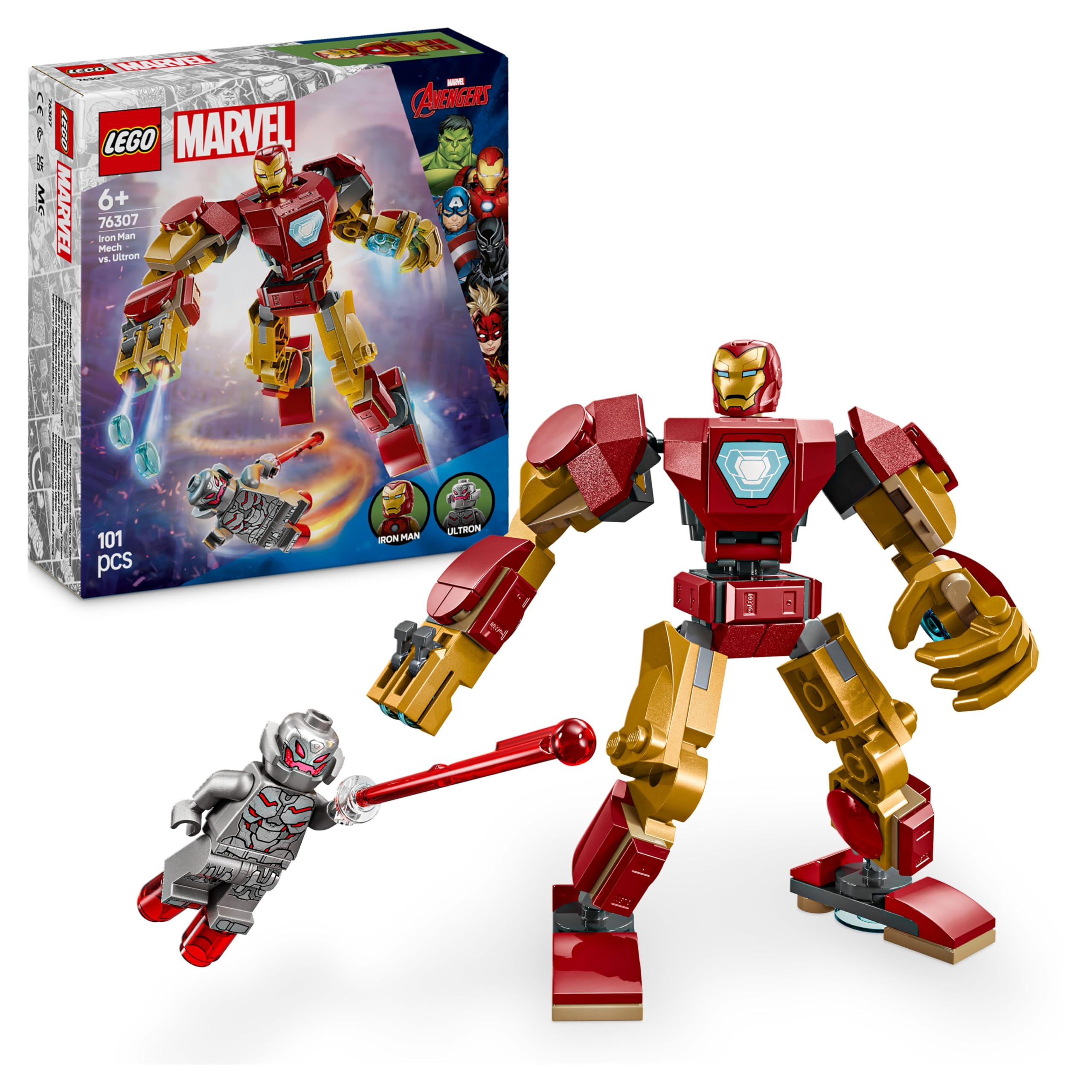LEGO | Marvel Iron Man Mech vs. Ultron - Superhero Toy with 2 Minifigures - Action Figure with Movable Arms, Legs & Fingers - Gift for Boys and Girls Ages 6 and Up 76307