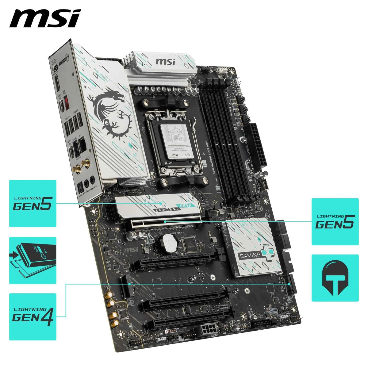Placa de bază MSI B850 Gaming Plus WiFi, ATX - Suportă procesoare AMD Ryzen 9000/8000/7000, AM5 - Memorie DDR5 Boost 8200+ MT/s (OC), PCIe 5.0 x16 și 4.0 x16, M.2 Gen5, Wi-Fi 7, 5G LAN - 7E56-001R