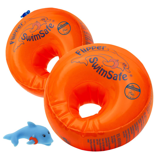 Flipper SwimSafe 1024 - swimming aid for babies aged 1 year and over, water wings with unbreakable PE foam core, including dolphin toy, orange