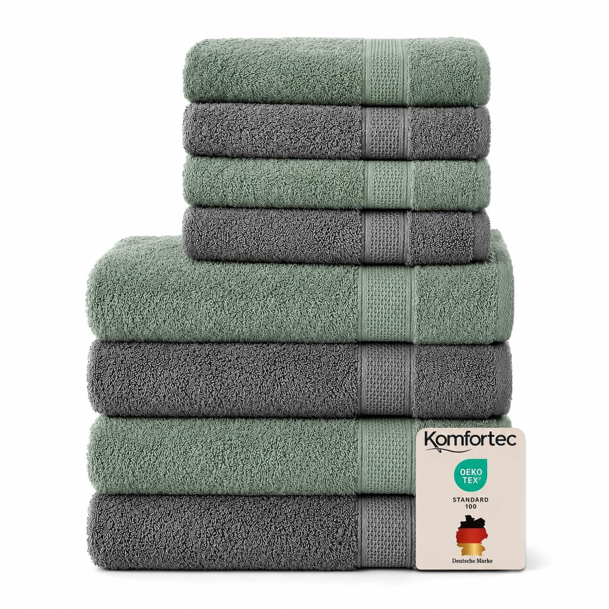 Komfortec set of 8 towels, 4 bath towels 70x140 cm & 4 hand towels 50x100 cm, 100% cotton terry cloth, fluffy and absorbent, anthracite/light green - 4er-50x100-und-4er-70x140-anth-hellgrun