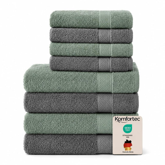 Set de 8 prosoape Komfortec, 4 prosoape de baie 70x140 cm și 4 prosoape de mână 50x100 cm, frotir 100% bumbac, pufos și absorbant, antracit/verde deschis - 4er-50x100-und-4er-70x140-anth-hellgrun