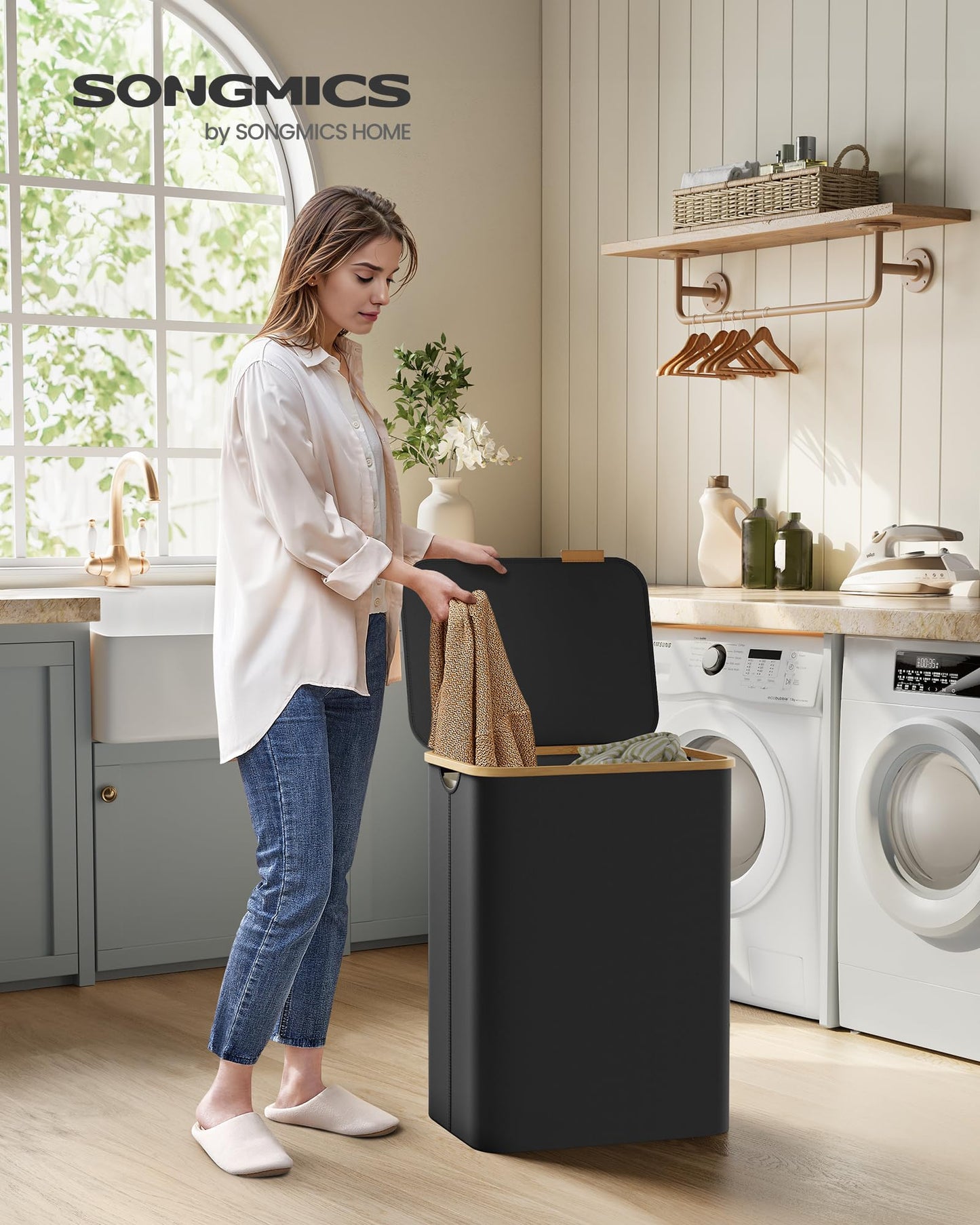 SONGMICS 130L Oxford Fabric Laundry Basket with Lid with 2 Compartments - LCB513G01V1