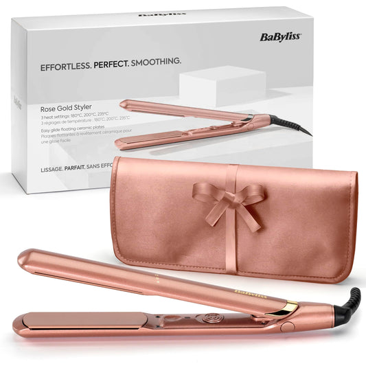 BaByliss Rose Gold Straightener - Ceramic plates for smooth styling, universal voltage for worldwide use, ultra-fast heating in seconds, temperature settings up to 235°C, 2598PE
