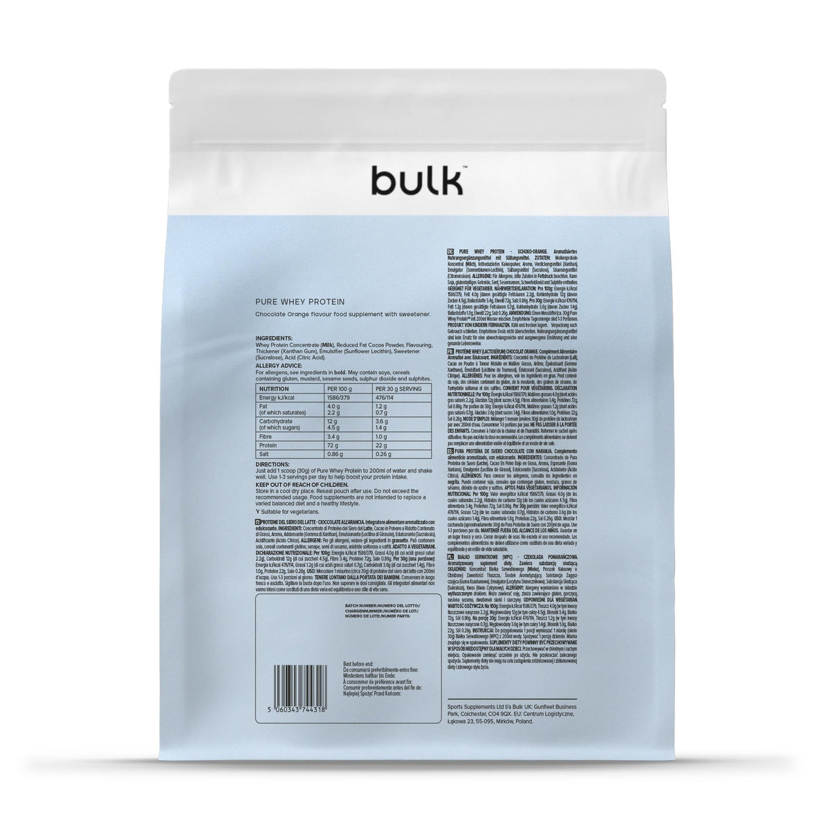 Bulk Pure Whey Protein Powder, Chocolate Orange, 2.5kg - BPB-WPC8-CORA-2500