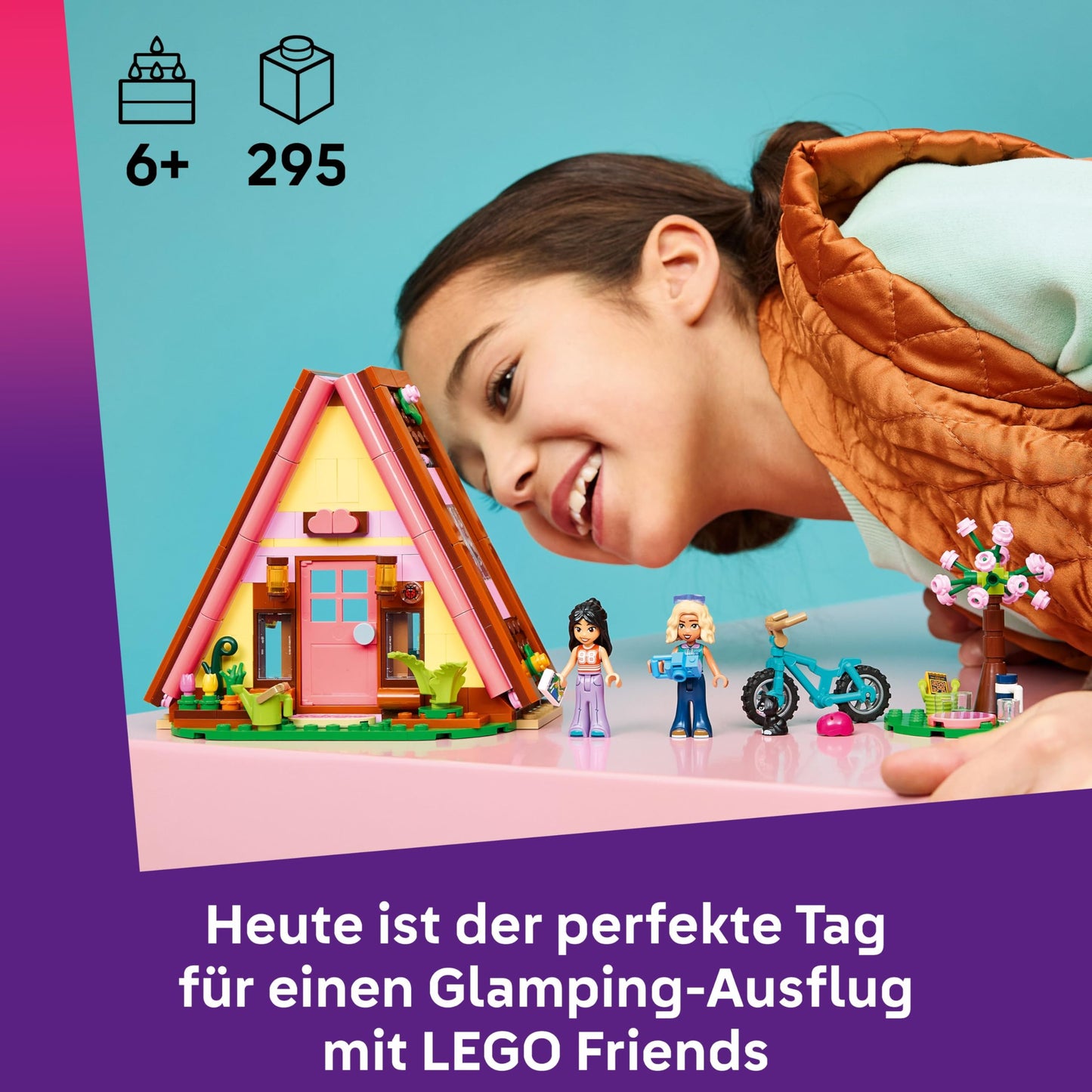 LEGO Friends glamping hut in the great outdoors - miniature playhouse with 2 minifigures, cat figure & accessories including beds & food - children's room decoration - gift for girls aged 6 and over - 42682