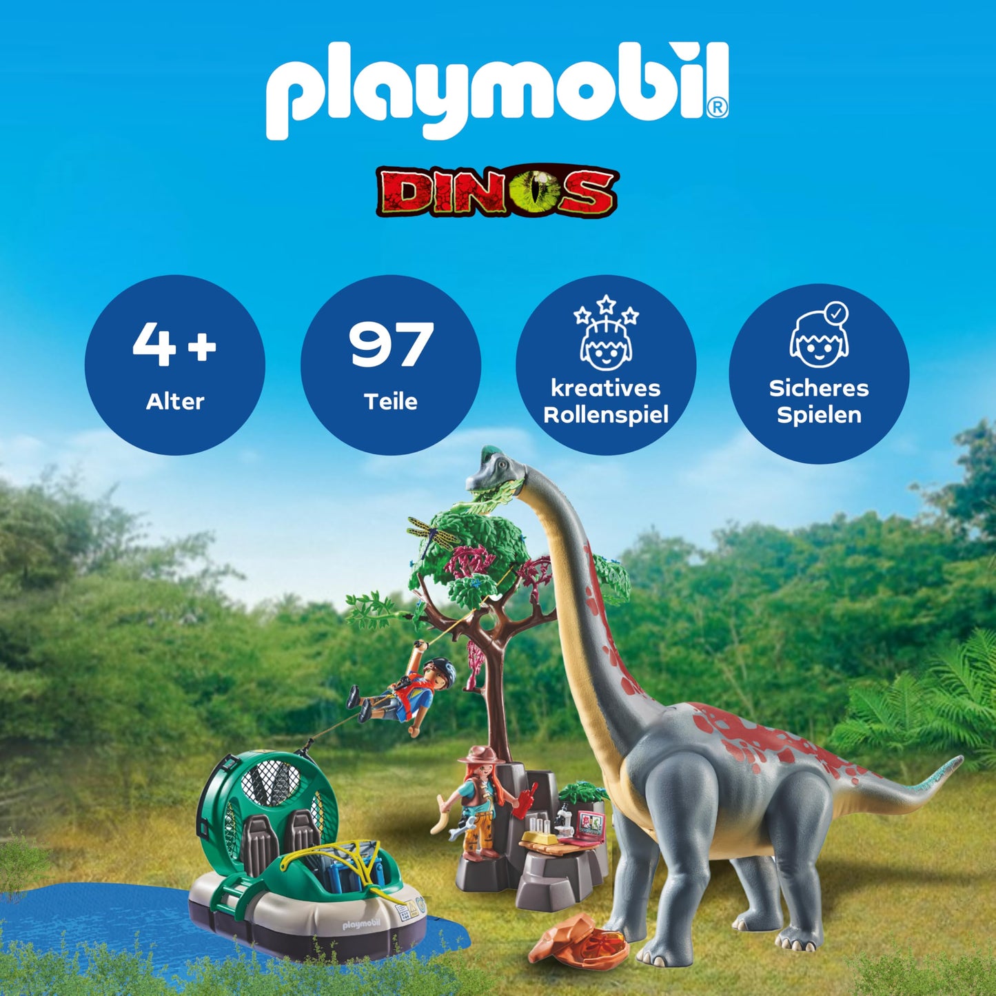 PLAYMOBIL | Dinosaurs | Brachiosaurus encounter with hovercraft | Dino playset | Dinosaur adventures for children aged 4 and up | 71819