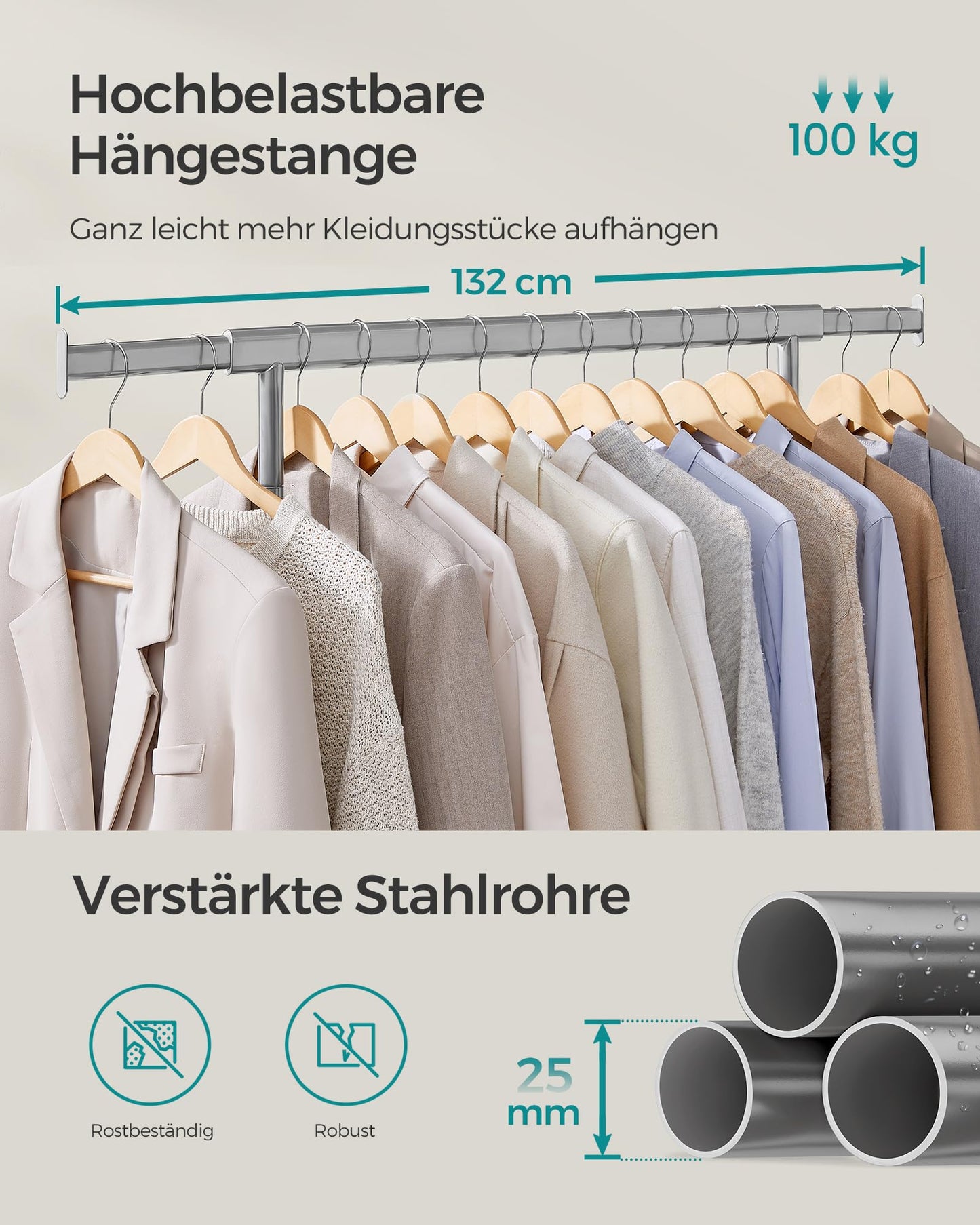 SONGMICS clothes rack on wheels, heavy-duty coat rack, extendable clothes rail, loads up to 100 kg, easy assembly, transportable, dove gray HSR013G01 - UHSR013G01