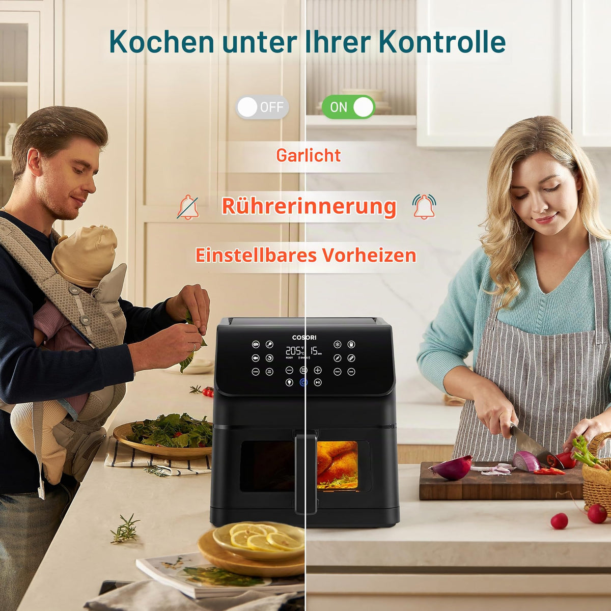 COSORI air fryer 6.2 liters with window, 1700 W, air fryer with 12 functions (baking and frying), one-touch display, time and temperature adjustable 75-205 ℃, 30 paper recipes & 50 online - CAF-P652-KEU