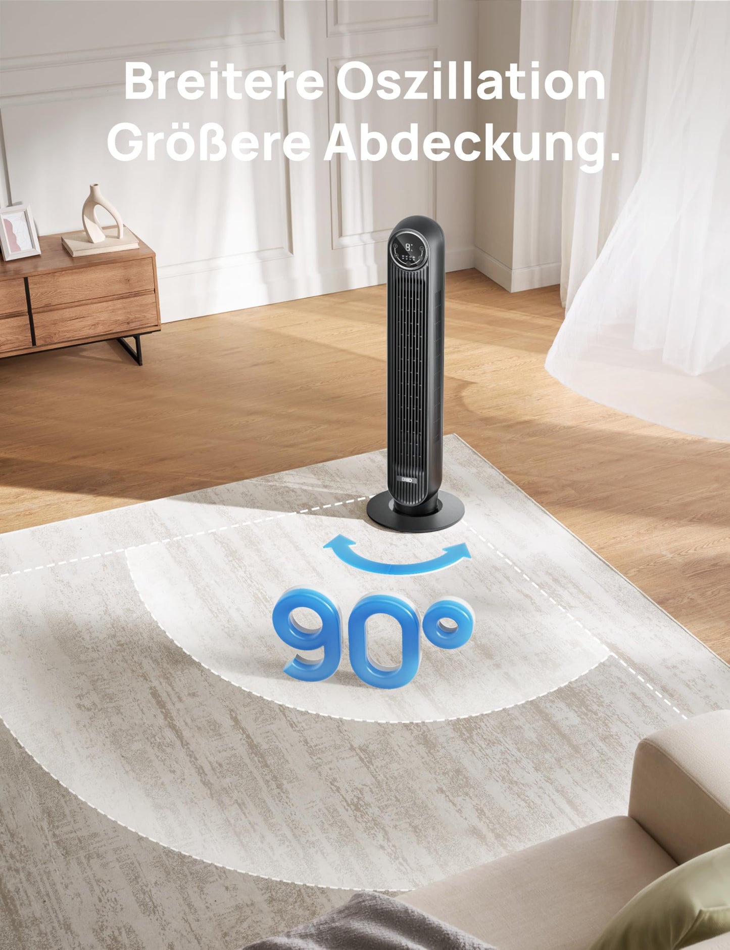 DREO Quiet tower fan, 10 m throw, 8 speed levels, 4 modes, 8 hour timer, 90° oscillating fan with cooling remote control for bedroom, tower fan 307, black - DR-HTF007