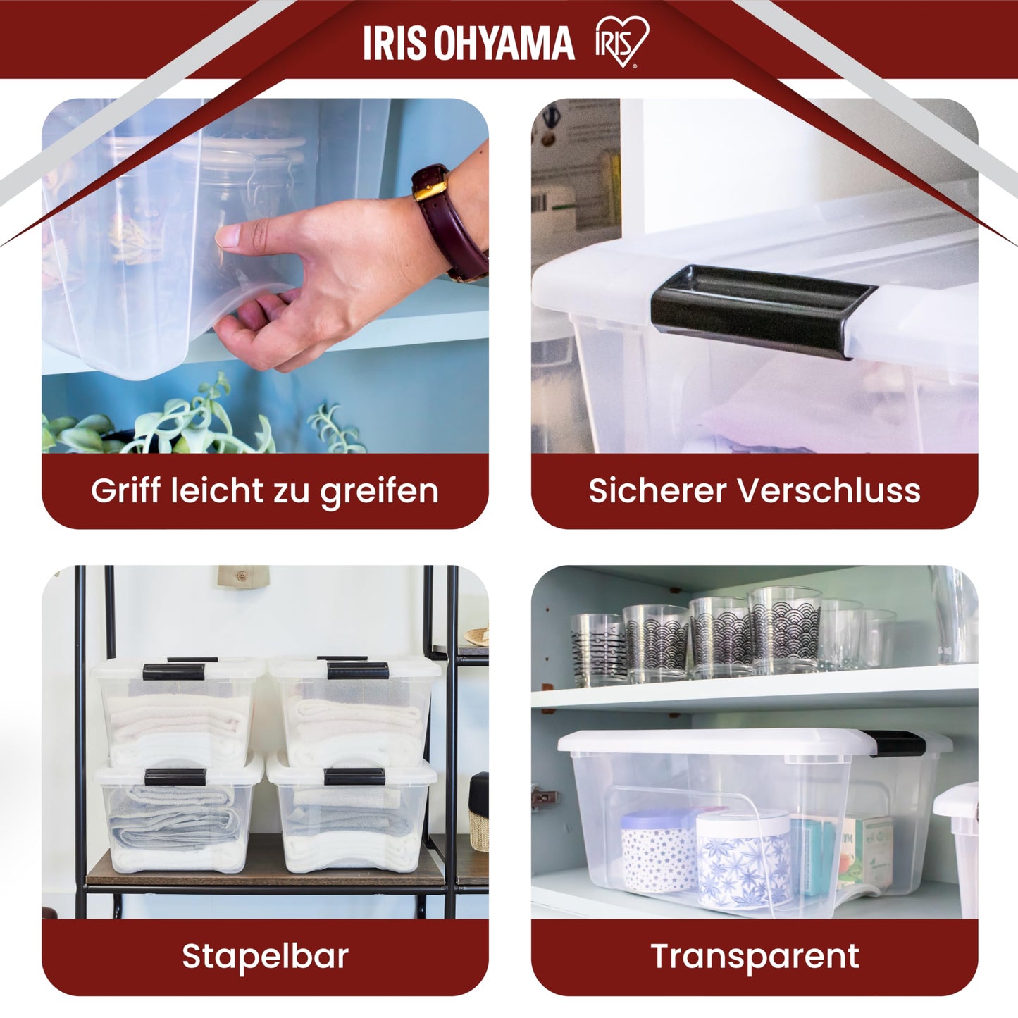 Iris Ohyama Storage Boxes with Lids, 15L, Set of 6, Transparent, Secure Closure, Stackable, Handles, Bedroom, Closet, Office, Organization, BPA Free Plastic, Organizer Boxes, NTB-15 - 104510