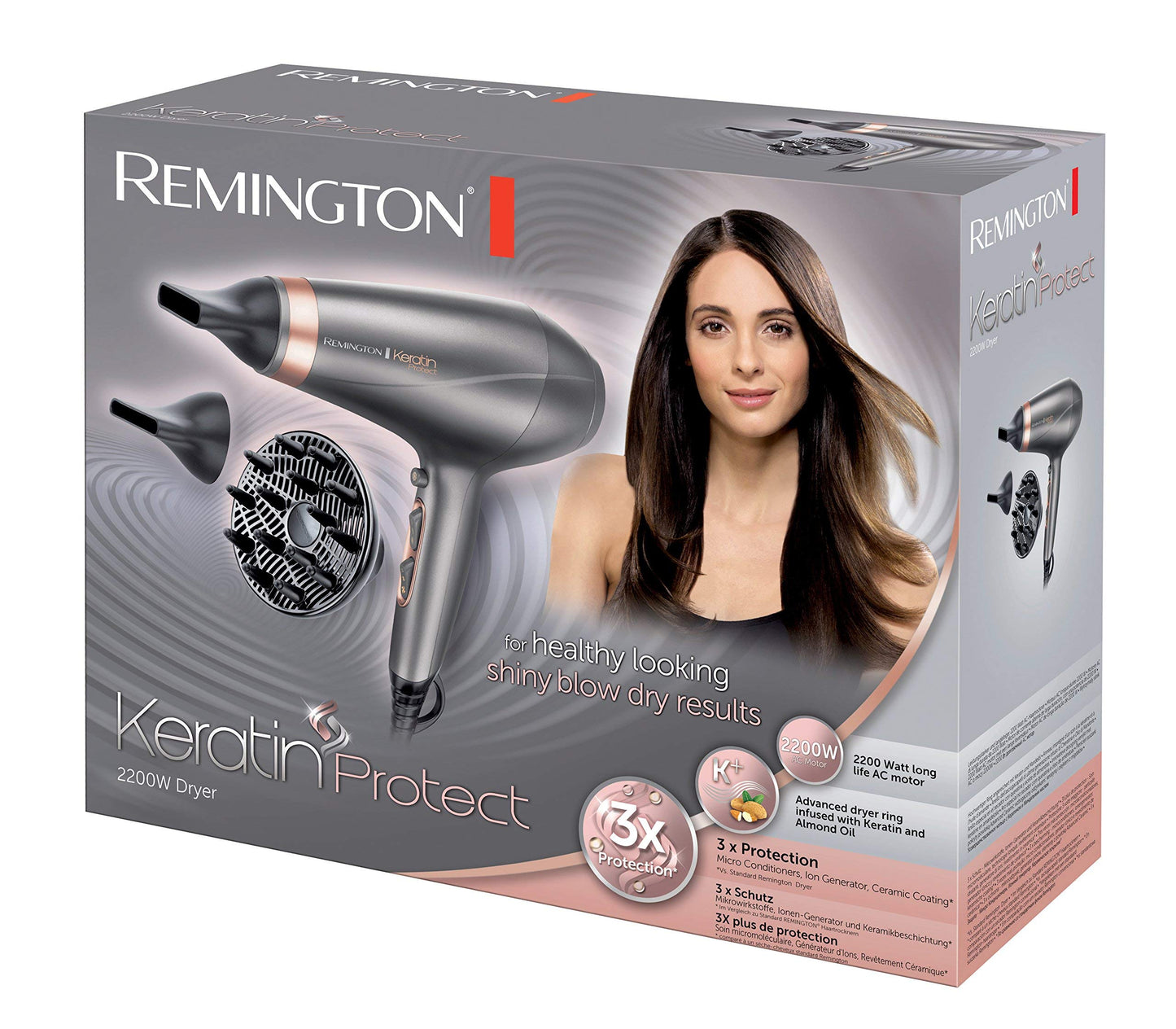 Remington professional hair dryer Ion Keratin Protect (2200W, 150km/h, 3 styling attachments, enriched with keratin and almond oil, ionic care - anti frizz, long-lasting AC motor) AC8820 - 45603560100