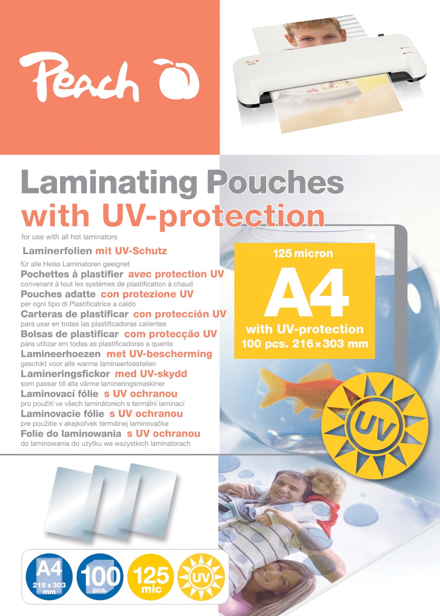Peach laminating films A4 UV protection 100 pieces 2x 125 mic (250µm) - ultra strong - S-PP525-25