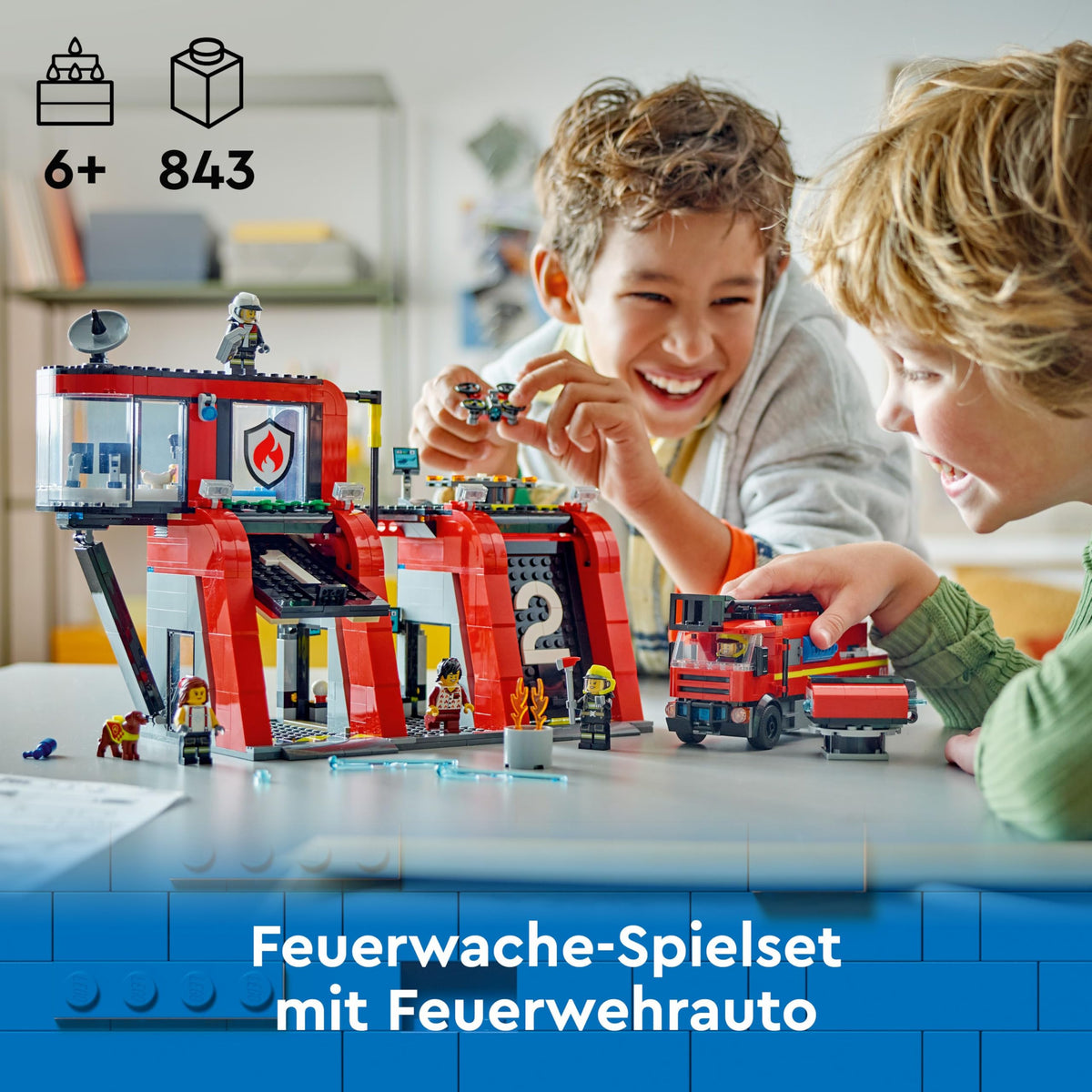 LEGO City Fire Station with Ladder Truck, fire-fighting toy set featuring a fire station and fire truck, birthday gift for children aged 6 and up, set includes a dog and 5 minifigures 60414